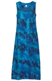 Ärmelloses Maxikleid in türkisblau mit schwarzem abstraktem Muster, rundem Ausschnitt, gerade geschnitten, lang