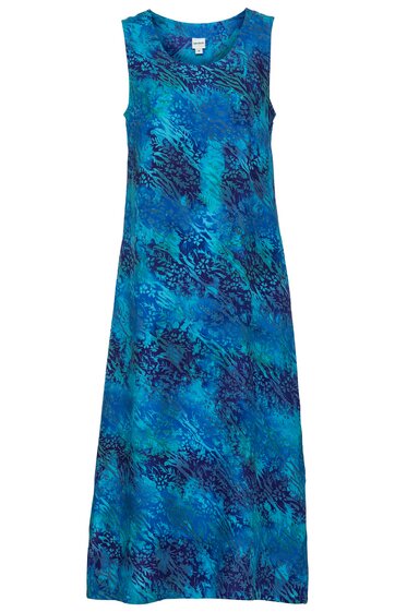 Ärmelloses Maxikleid in türkisblau mit schwarzem abstraktem Muster, rundem Ausschnitt, gerade geschnitten, lang