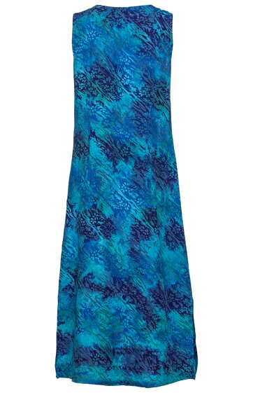 Ärmelloses Maxikleid in türkisblau mit dunkelblauem abstraktem Muster, Rundhalsausschnitt, gerade geschnitten