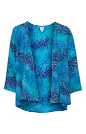Offene Damenjacke in Türkis und Blau, abstraktes Muster, 3/4-lange Ärmel, ohne Verschluss, fließender Schnitt