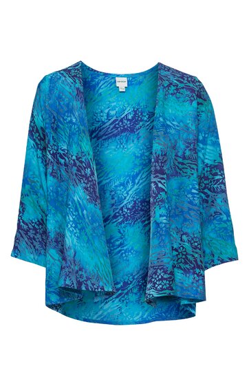 Offene Damenjacke in Türkis und Blau, abstraktes Muster, 3/4-lange Ärmel, ohne Verschluss, fließender Schnitt