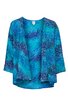 Offene Damenjacke in Türkis und Blau, abstraktes Muster, 3/4-lange Ärmel, ohne Verschluss, fließender Schnitt