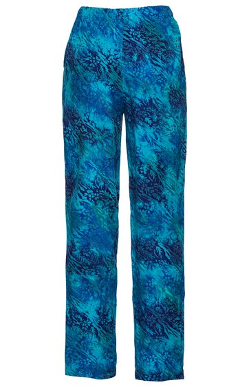Hose in blau mit abstraktem Muster, gerader Schnitt, elastischer Bund, lange Beine
