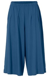 Weite, kniehohe Hose in dunklem Blau, elastischer Bund, einfache Front ohne Muster oder Verzierungen