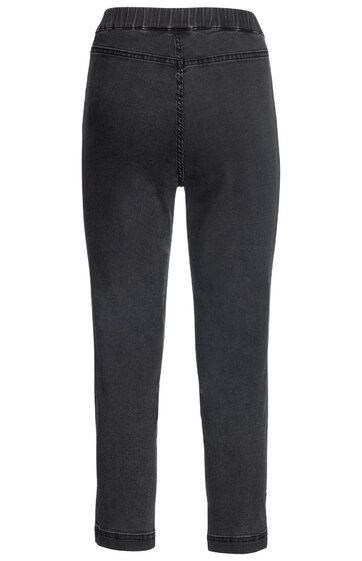 Kinderjeans in Dunkelgrau, gerade geschnitten, elastischer Bund, auflinker und rechter Seitennaht je eine Einschubtasche, keine sichtbaren Verschlüsse