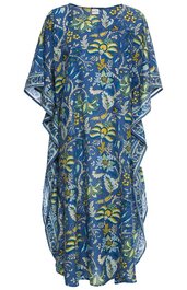Blaues Kaftan-Kleid mit floralen Mustern in Gelb, Grün und Weiß, rundem Ausschnitt, ohne Ärmel, weite locker fallende Form