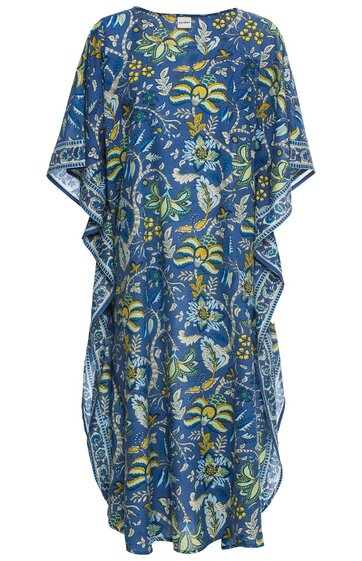 Blaues Kaftan-Kleid mit floralen Mustern in Gelb, Grün und Weiß, rundem Ausschnitt, ohne Ärmel, weite locker fallende Form