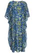 Blaues Kaftan-Kleid mit floralen Mustern in Gelb, Grün und Weiß, rundem Ausschnitt, ohne Ärmel, weite locker fallende Form