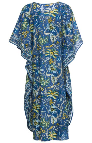 Blaues Kaftankleid mit floralem Muster in Gelb, Weiß und Hellblau, weite lange Ärmel, lockere Passform, Kastenform, gerader Saum