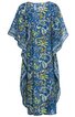 Blaues Kaftankleid mit floralem Muster in Gelb, Weiß und Hellblau, weite lange Ärmel, lockere Passform, Kastenform, gerader Saum