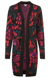 Langer Cardigan in Schwarz mit buntem, abstraktem Blumenmuster in Rot, Lila, Grün, offene Front ohne Verschluss, lange Ärmel, geripptes Bündchen am Ärmelende und Saum
