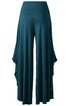 Dunkelgrüne Damenhose mit weitem Bein, asymmetrischen Lagen an den Seiten, hohem Bund, fließender Stoff