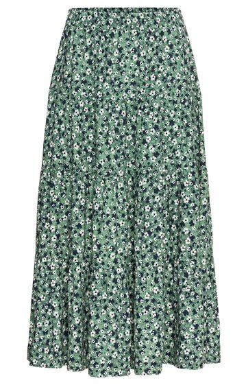 Grüner Midirock mit weißem und dunklem Blumenmuster, ausgestellte Form, elastischer Bund, leichte Raffung im unteren Bereich