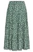 Grüner Midirock mit weißem und dunklem Blumenmuster, ausgestellte Form, elastischer Bund, leichte Raffung im unteren Bereich