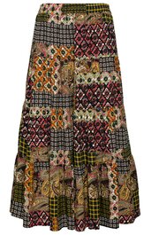 Langer Rock in Schwarz, Dunkelgrün, Burgunderrot und Senfgelb, kariert und mit Blumenmuster, ausgestellter Schnitt, elastischer Bund