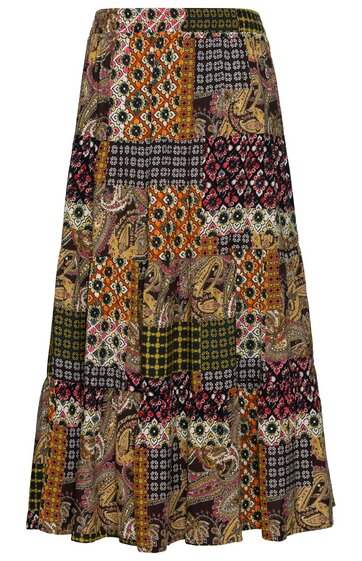 Maxirock mit mehrfarbigem Patchwork-Muster in Braun-, Grün-, Orange- und Rottönen, langer Schnitt, stufig, elastischer Bund, ohne sichtbare Verschlüsse
