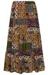 Maxirock mit mehrfarbigem Patchwork-Muster in Braun-, Grün-, Orange- und Rottönen, langer Schnitt, stufig, elastischer Bund, ohne sichtbare Verschlüsse