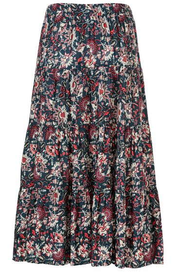Knielanger Rock in Dunkelblau mit Blumenmuster in Weiß, Rot und Grün, ausgestellte Form, elastischer Bund, Stufenrock mit Volants