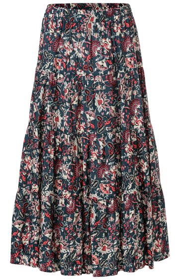Maxirock in Dunkelblau mit floralem Muster in Rot, Weiß und Grün, ausgestellt, taillenhoch, mehrlagig, ohne sichtbare Verschlüsse