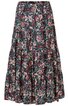 Maxirock in Dunkelblau mit floralem Muster in Rot, Weiß und Grün, ausgestellt, taillenhoch, mehrlagig, ohne sichtbare Verschlüsse