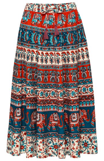 Langer Rock in Weiß, Türkis und Rot, mit gestreiftem Ethno-Muster, ausgestellter Schnitt, Taillenband mit Quasten, mehrlagig, gemusterte Bordüre am Saum