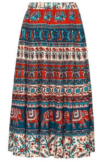 Maxirock, rot, blau, weiß, gemustert mit Elefanten, Blumen, Paisley, elastischer Bund, ausgestellte Form