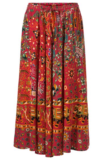 Maxirock in rostrot mit buntem Ethnomuster, elastischer Bund, langer weiter Schnitt ohne sichtbare Verschlüsse