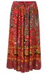 Maxirock in rostrot mit buntem Ethnomuster, elastischer Bund, langer weiter Schnitt ohne sichtbare Verschlüsse