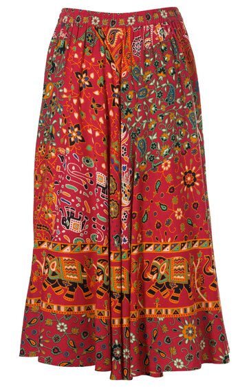 Roter langer Rock mit mehrfarbigem Blumen- und Tiermuster, weit geschnitten, elastischem Bund, ohne weitere sichtbare Details