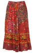 Roter langer Rock mit mehrfarbigem Blumen- und Tiermuster, weit geschnitten, elastischem Bund, ohne weitere sichtbare Details