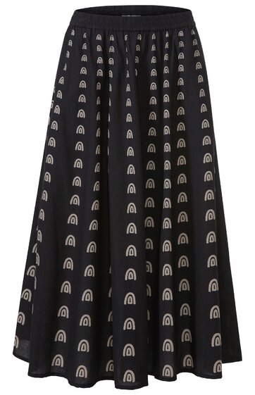 Schwarzer Midirock mit weißem Regenbogenmuster, elastischer Bund, ausgestellte A-Linie, knielang