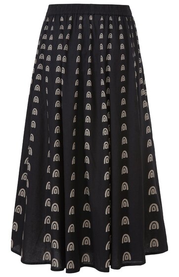 Schwarzer Midirock mit weißen Regenbogenmustern, elastischer Bund, fließende A-Linien-Form, ohne sichtbare Verschlüsse