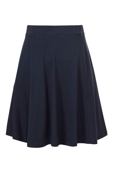 Dunkelblauer, knielanger Rock mit weitem Schnitt, glatter Bund, keine sichtbaren Verzierungen, ausgestellt, ohne Muster