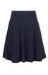 Dunkelblauer, knielanger Rock mit weitem Schnitt, glatter Bund, keine sichtbaren Verzierungen, ausgestellt, ohne Muster