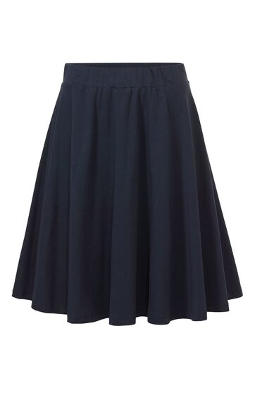 Dunkelblauer Swing-Rock, knielang, ohne Muster, elastischer breiter Bund, weit ausgestellt