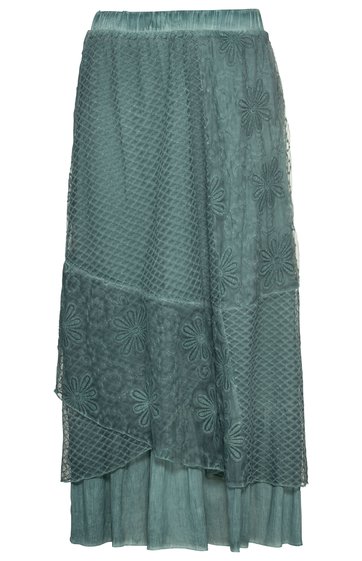 Lang grüner Rock mit zweilagigem Aufbau, obere Lage mit floralem und geometrischem Spitzenmuster, elastischem Bund, ausgestellte Form