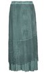 Maxirock in gedämpftem Türkisgrün mit geometrischem und floralem Muster, mehrlagig, asymmetrisch geschnitten, ohne sichtbaren Verschluss