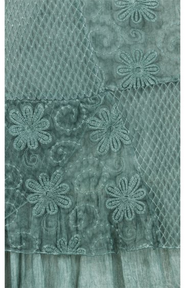 Tuch in verblasstem Grünblau mit verschiedenen Mustern, darunter Blumenstickereien, Rautenstruktur und Filzoptik, uneinheitliche Abschnitte mit glatten und flauschigen Texturen