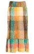Maxirock in Karomuster mit senkrechten und waagerechten Streifen in Beige, Grün, Orange und Braun, langer Schnitt, locker fallend, Volant am Saum