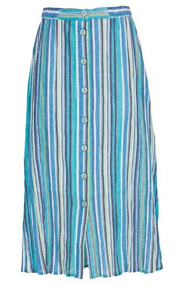 Langer Rock in verschiedenen Blautönen mit weißen und grünen Streifen, durchgehende Knopfleiste vorne, Bund mit Gürtel, leicht ausgestellte Form