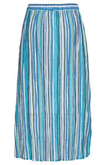 Langer Rock mit vertikalen Streifen in Blau-, Weiß- und Grüntönen, elastischer Bund, gerade geschnitten, ohne sichtbare Verschlüsse