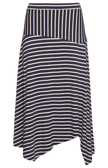 Rock mit asymmetrischem Saum, dunkelblau und weiß gestreift, schmal gestreifter Bund, weiter fallender Rockteil mit breiteren Streifen