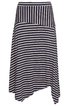 Rock mit asymmetrischem Saum, dunkelblau und weiß gestreift, schmal gestreifter Bund, weiter fallender Rockteil mit breiteren Streifen