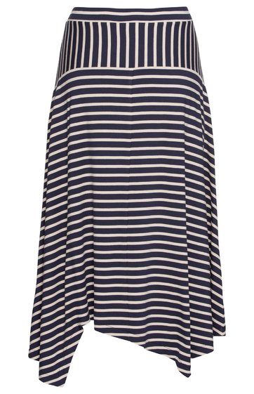 Midirock in Dunkelblau und Weiß, horizontal gestreift, hoher breiter Bund, asymmetrischer Saum mit Zipfeln