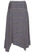 Midirock in Dunkelblau und Weiß, horizontal gestreift, hoher breiter Bund, asymmetrischer Saum mit Zipfeln