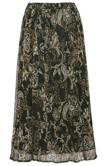 Maxirock in Waldgrün mit beigem Paisleymuster, ausgestellte Form, elastischer Bund, transparentes Material mit Futter