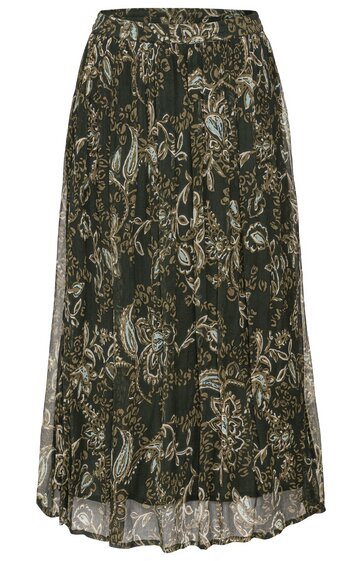 Maxirock in Dunkelgrün mit cremefarbenem Paisley-Muster, elastischer Bund, leicht ausgestellter Schnitt, transparente Stofflagen, knöchellang
