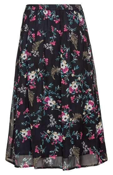 Schwarzer Rock mit floralem Muster in Weiß, Grün und Pink, ausgestellte Form, elastischer Bund, knielang