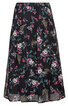 Schwarzer Rock mit floralem Muster in Weiß, Grün und Pink, ausgestellte Form, elastischer Bund, knielang