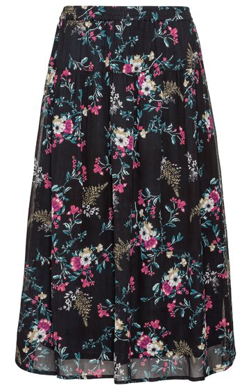 Schwarzer langer Rock mit buntem Blumenmuster in Weiß, Rosa, Grün und Gelb, ausgestellte Form, Gummibund, knöchellang